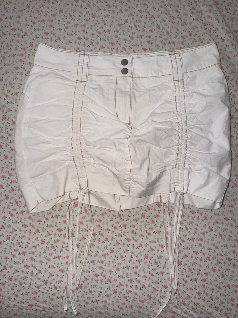 Garage White Ruched Drawstring Mini Skirt